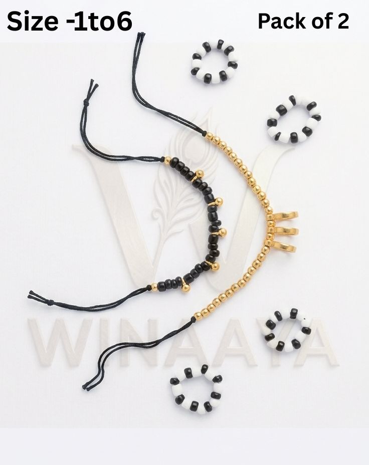 Laddu Gopal Nazariya Combo Set - Black & Golden Beads Anklet, Bracelet & Mala (Size 0 to 6)